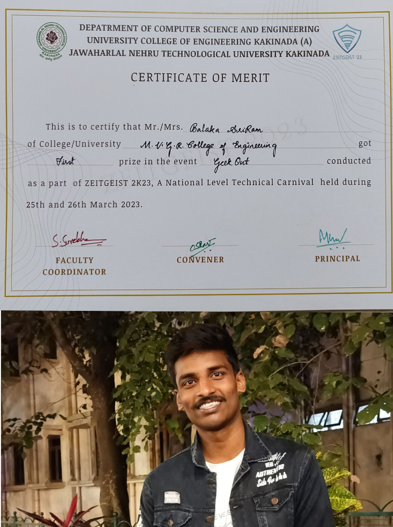  III-IT Student B. Sriram won First prize at a competetion@JNTUK Fest