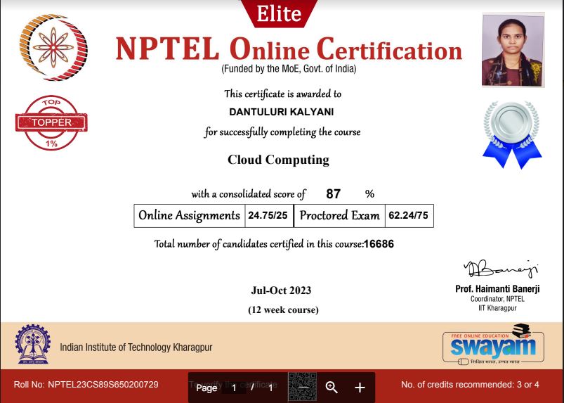 NPTEL top performer in Cloud Computing - IIT Kharagpur