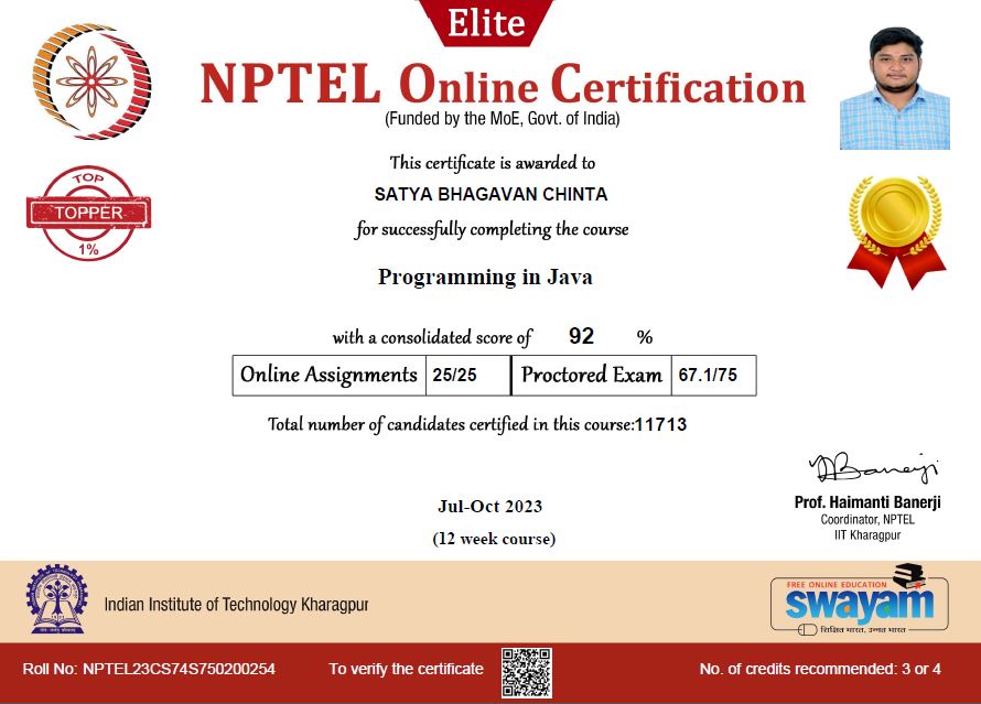 NPTEL top performer in JAVA - IIT Kharagpur